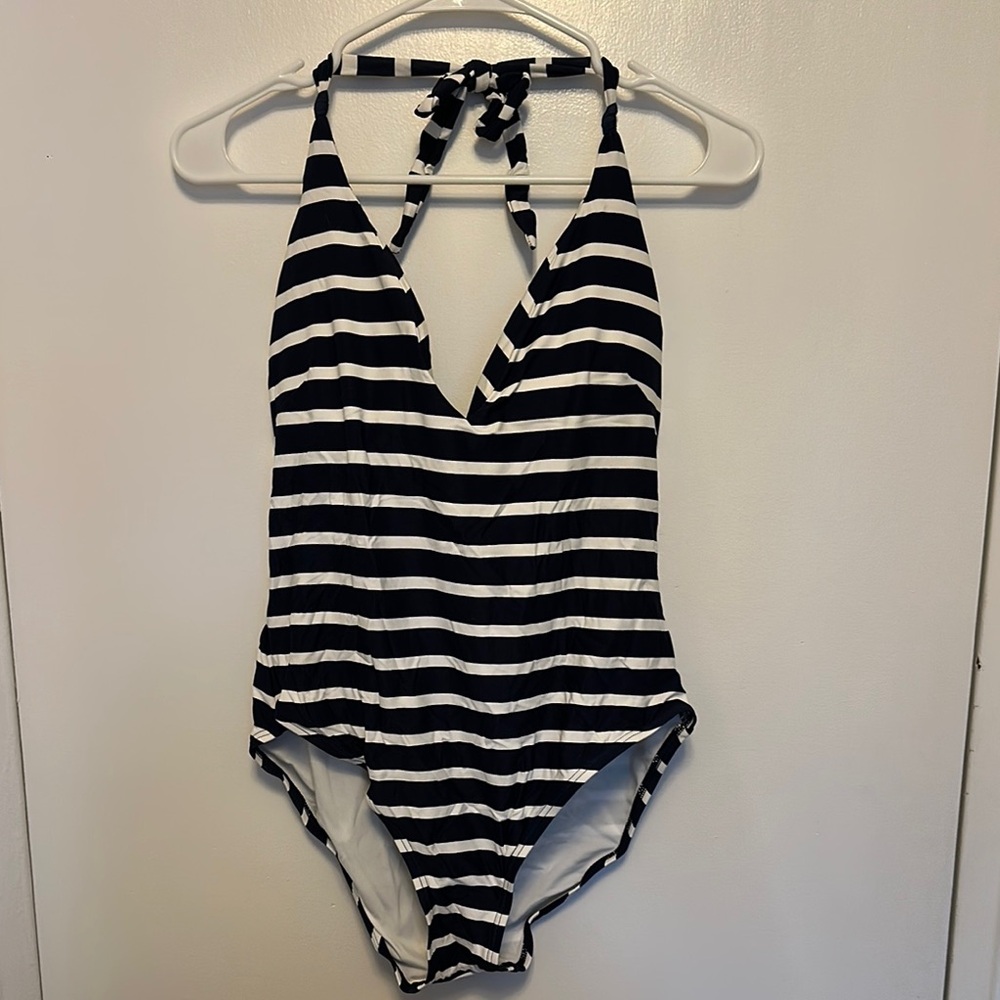 LOFT Blue and White Striped Halter One Piece Swimsuit Size XL